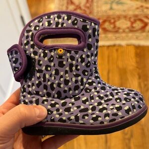 Bogs Kids Boots in Purple and Black Leopard Print- slight mud on the bottom